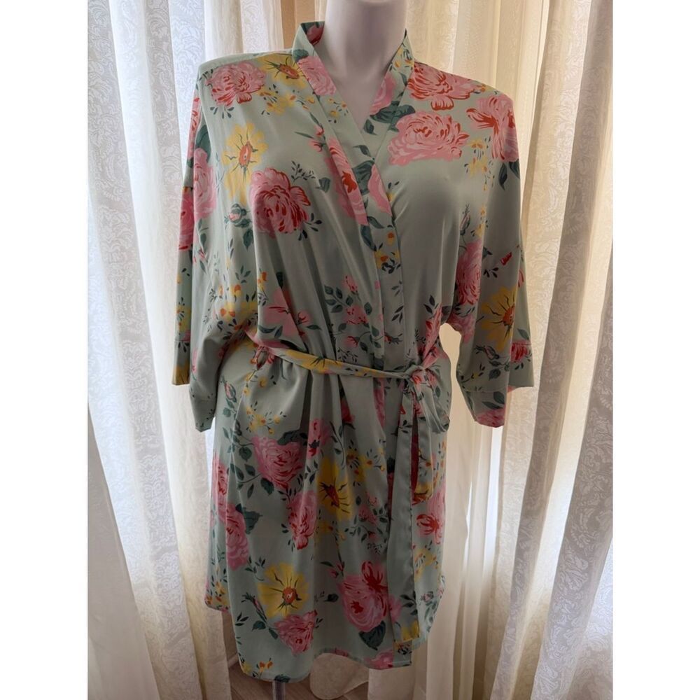 Soho Apparel Mint Floral Satin Robe with Pink & Yellow Blooms